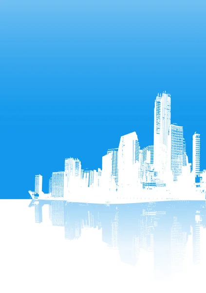 Blaues Stadtpanorama mit Spiegelung. Vektorkunst. — Stockvektor