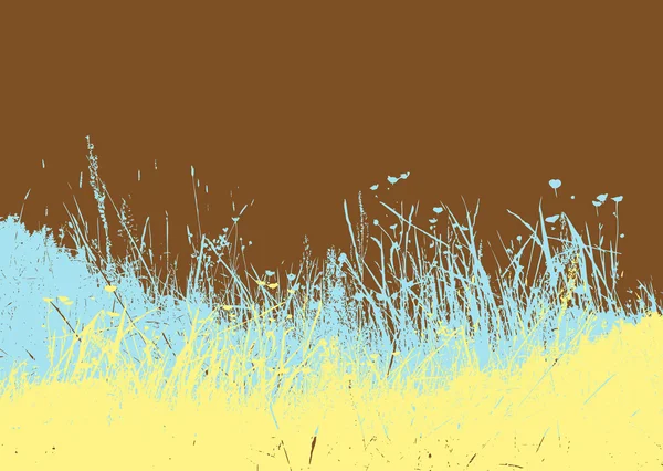 Weiland met gele en blauwe gras op bruine achtergrond. vector — Stockvector