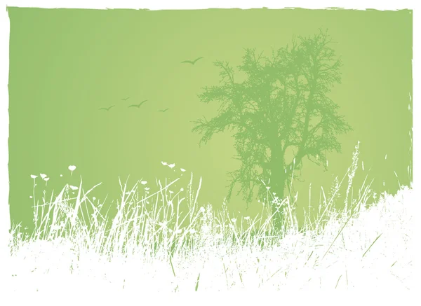 緑の背景にツリーと草します。ベクトル アート. — ストックベクタ