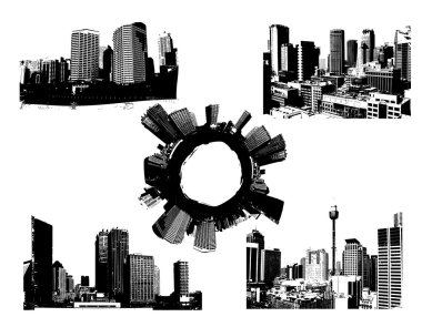 Black and white panorama cities. Vector art clipart