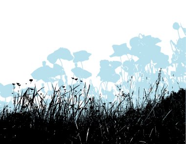 Black grass with light blue poppy flowers. Vector clipart