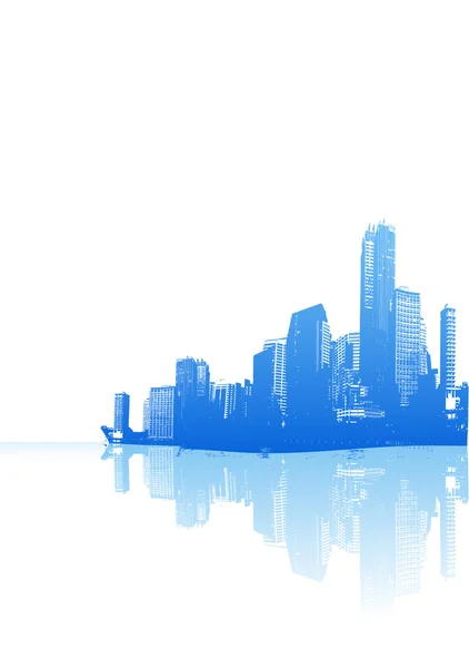 Blaues Stadtpanorama mit Spiegelung. Vektorkunst. — Stockvektor