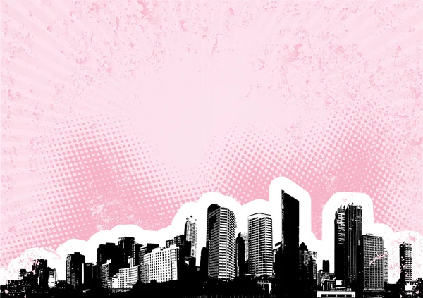 Black city with pink halftone background. Vector — Stock Vector
