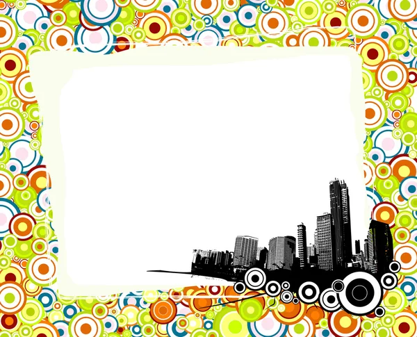 Città con cerchi colorati e posto per testo. Arte vettoriale — Vettoriale Stock
