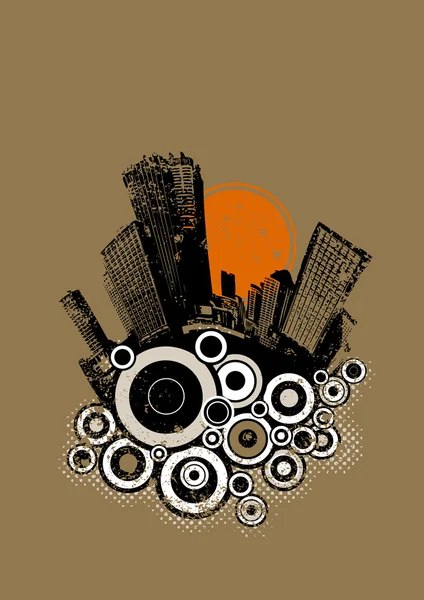 Silhouette einer schwarzen Stadt auf braunem Grunge-Hintergrund. Vektorkunst. — Stockvektor
