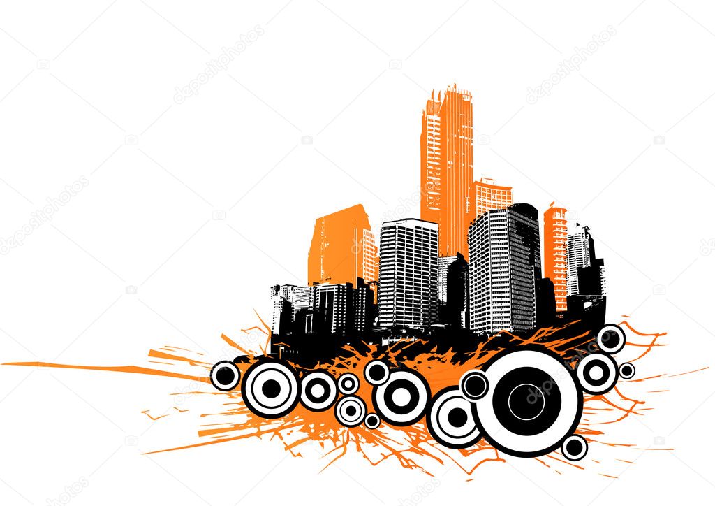 Skyscrapers with circles and orange splash. Vector