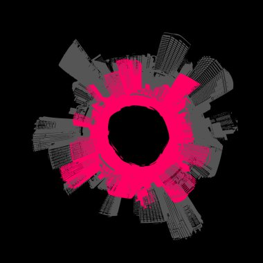 City in circle with pink background. Vector art. clipart