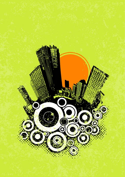 Black city with circles and sun. Vector art. — Stock Vector