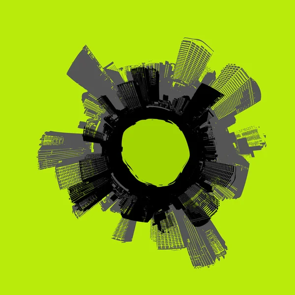 Stadt im Kreis mit grünem Hintergrund. Vektorkunst. — Stockvektor