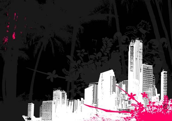 Illustratie met stad en roze splash. vector — Stockvector