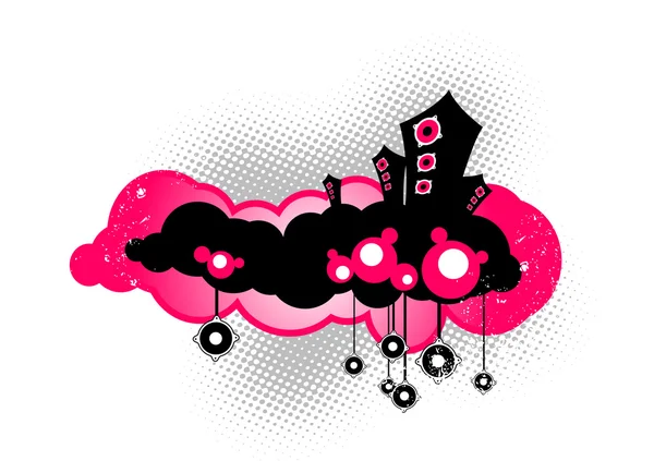 Haut-parleurs flottants noirs sur nuage rose. Vecteur — Image vectorielle