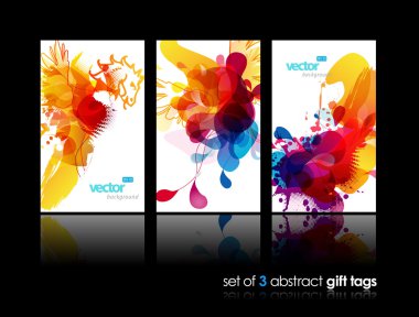 Set of abstract colorful splash gift cards with reflection. clipart