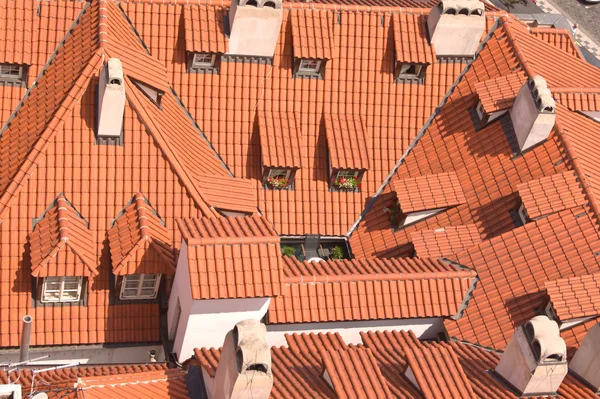 Stare czerwone dachy z okna dachowe z powietrza — Zdjęcie stockowe