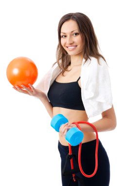 Portrait of young happy smiling woman in sportswear with dumbbel clipart