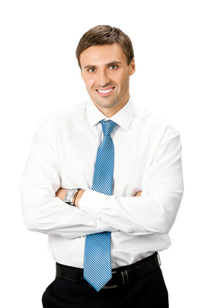 Portrait of happy smiling business man, isolated on white background