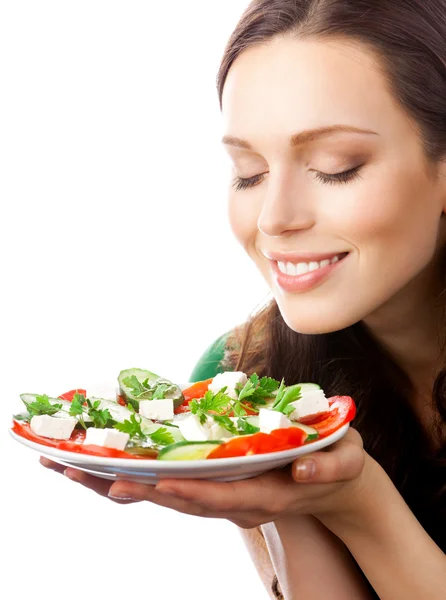 Tányér saláta, elszigetelt boldog mosolygó nő portréja — Stock Fotó