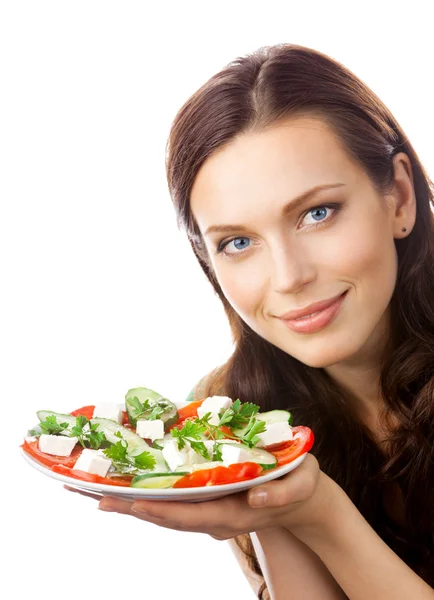 Tányér saláta, elszigetelt boldog mosolygó nő portréja — Stock Fotó