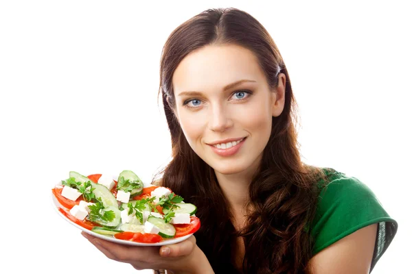 Portrait of happy smiling woman with plate of salad, isolated on — Stock Photo, Image