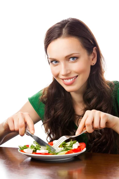 幸福微笑的女人吃沙拉上板、 隔离的肖像 — 图库照片