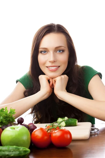 Portrait of happy smiling woman with vegetarian food, isolated o — Stock Photo, Image