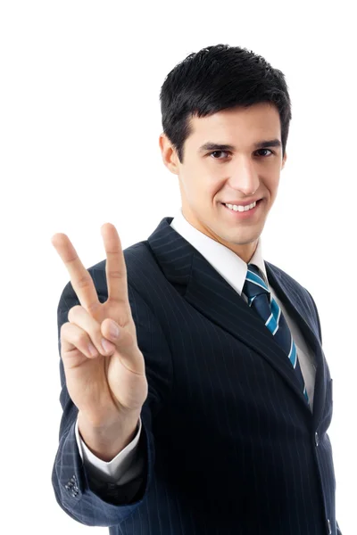 Счастливый улыбающийся бизнесмен, на белом — стоковое фото