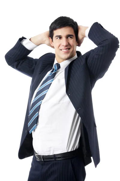 Щасливий бізнесмен з руками вгору, ізольований на білому — стокове фото