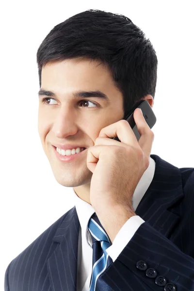 Hombre de negocios feliz con teléfono celular, aislado en blanco —  Fotos de Stock