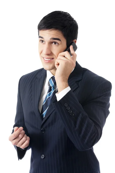 Hombre de negocios feliz con teléfono celular, aislado en blanco — Foto de Stock
