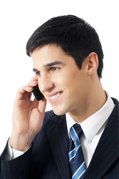 Щасливий бізнесмен з мобільним телефоном, ізольований на білому — стокове фото