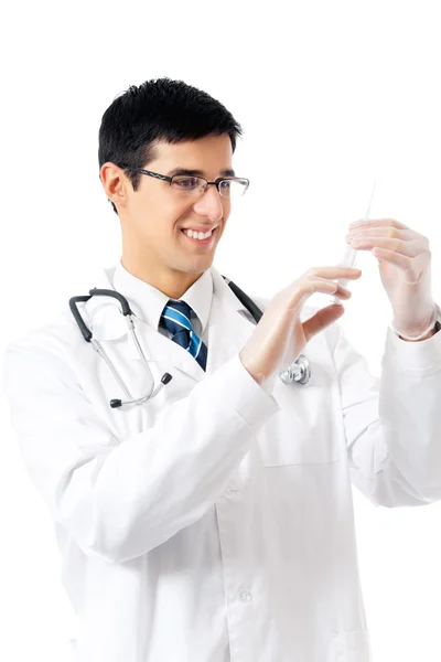 Medico felice con siringa, isolato su bianco — Foto Stock