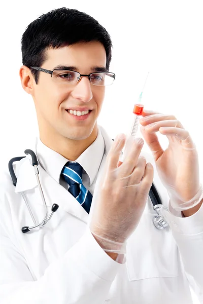 Šťastný doktor s injekční stříkačkou, izolované na bílém — Stock fotografie