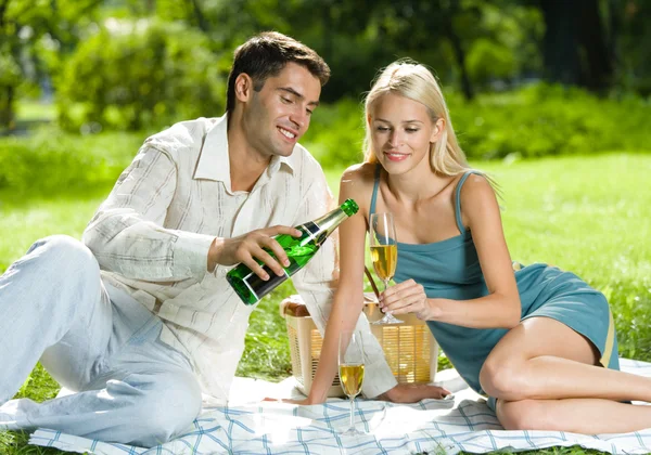Joven pareja feliz celebrando con champán en el picnic —  Fotos de Stock