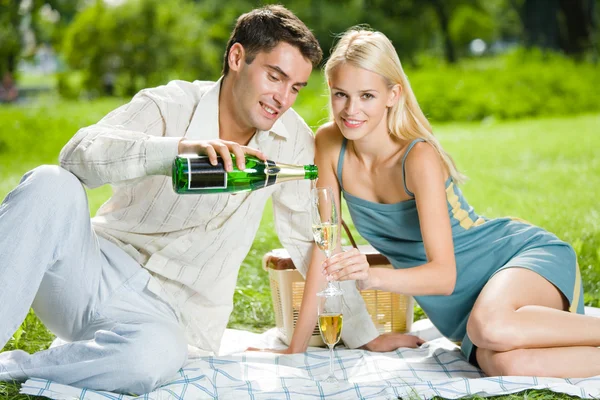 Genç mutlu çiftin piknik şampanya ile kutluyoruz — Stok fotoğraf
