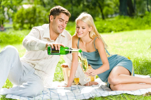 Joven pareja feliz celebrando con champán en el picnic —  Fotos de Stock