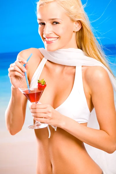Young beautiful sexy tanned happy smiling blond woman in bikini — Stock Photo, Image