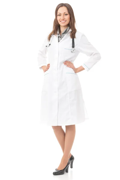 Portret całe ciało kobiece kobieta lekarz lub pielęgniarka, na białym tle — Zdjęcie stockowe