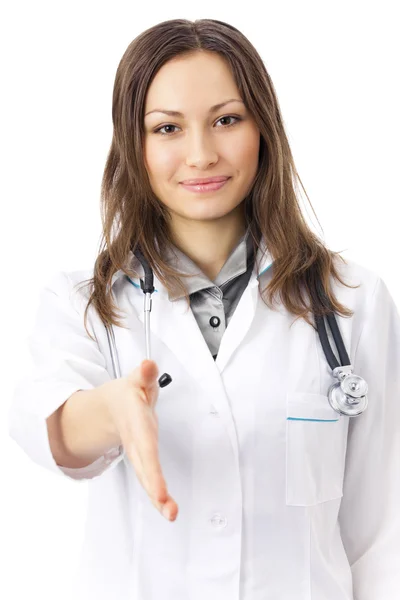 Female doctor giving hand for handshaking, isolated on white — Stock Photo, Image