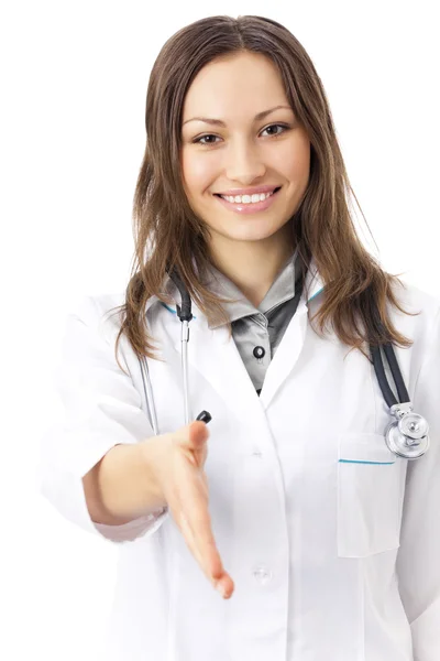 Médica feminina dando a mão para apertar a mão, isolada em branco — Fotografia de Stock