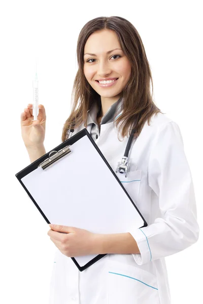 여성 의사 또는 간호사가 주사기와 w에 고립 된 클립보드 — 스톡 사진