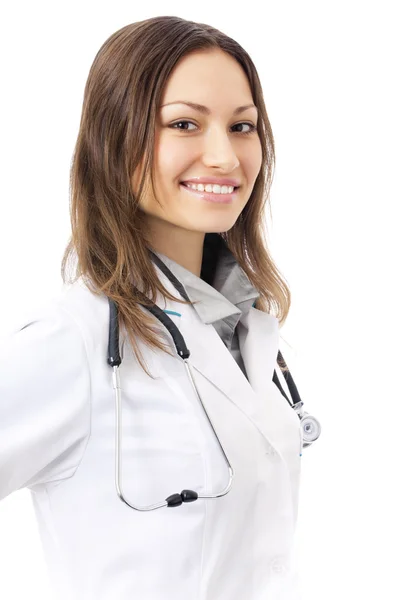 Portret van vrouwelijke arts of verpleegkundige, geïsoleerd op wit — Stockfoto