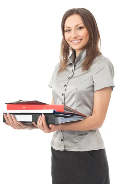 Портрет усміхненої зайнятої бізнес-леді з папками, ізольовані на — стокове фото