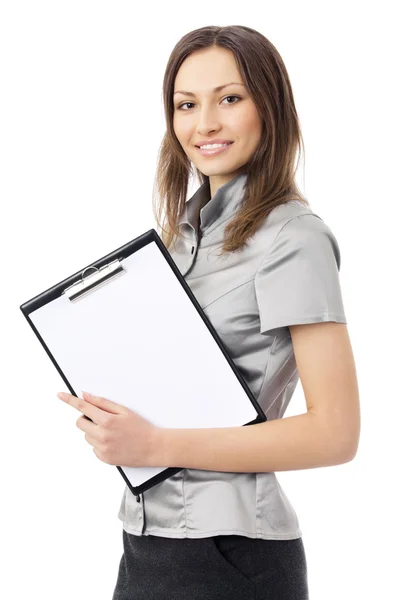 Фото бізнес-леді з буферами, ізольовані на білому — стокове фото