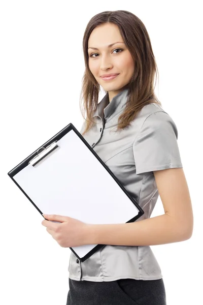 Фото бізнес-леді з буферами, ізольовані на білому — стокове фото