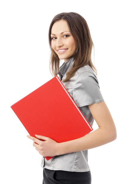 Szczęśliwa kobieta z folderu czerwony na białym tle — Zdjęcie stockowe