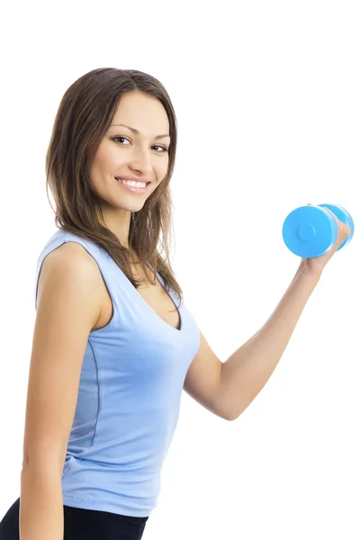 Young woman in sportswear with dumbbell, isolated on white — Stock Photo, Image