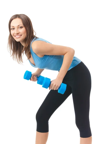 Joven mujer feliz haciendo ejercicios con pesas, aislado en wh — Foto de Stock