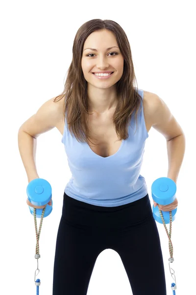 Woman doing exercises with dumbbells and expander, isolated on w — Stock Photo, Image