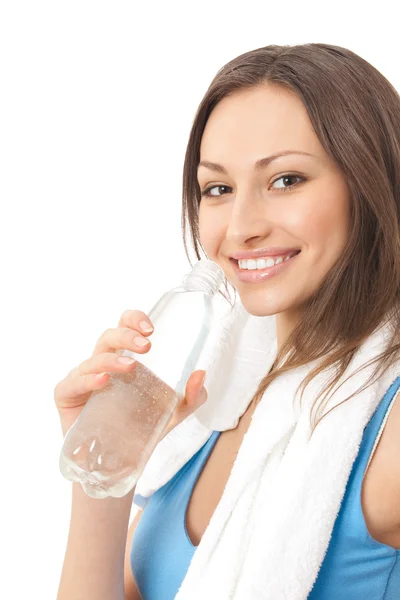 Foto de mulher em sportswear com água, isolado em backg branco — Fotografia de Stock
