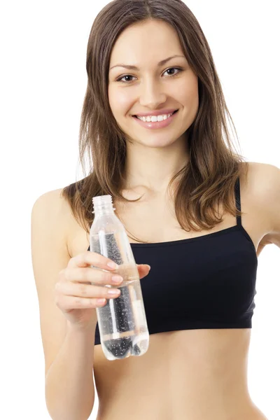 Žena v pitné vodě sportovní, izolované na bílém — Stock fotografie