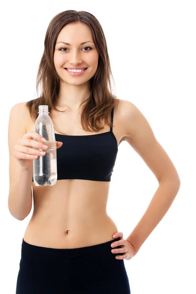 Portrait of young happy smiling woman in sportswear holding bott — Stock Photo, Image
